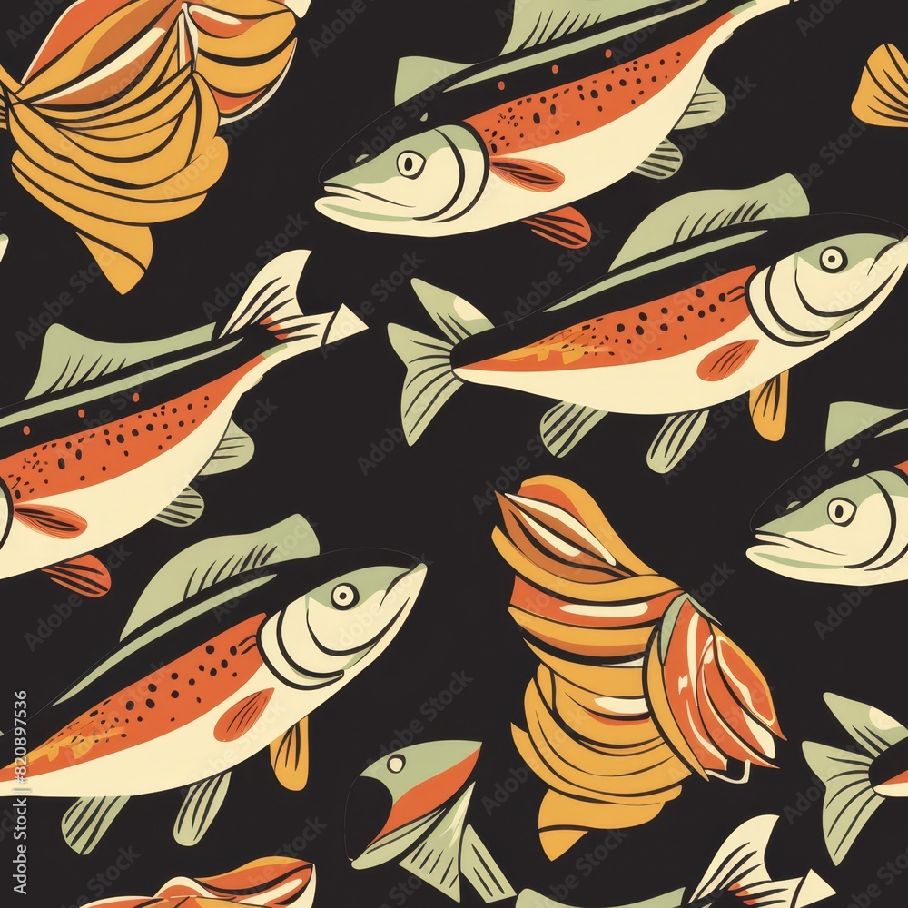 Seamless Pattern of Fish and Shells