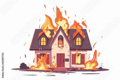 Illustration of a burning house on a white background. Fire.