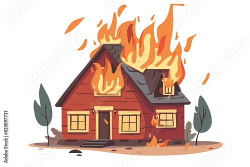 Illustration of a burning house on a white background. Fire.
