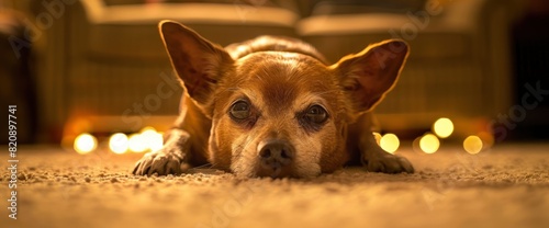 An Old Miniature Pinscher Rests On The Floor At Home, Its Eyes Meeting The Camera With A Calm, Wise Gaze