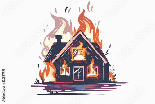 Illustration of a burning house on a white background. Fire.