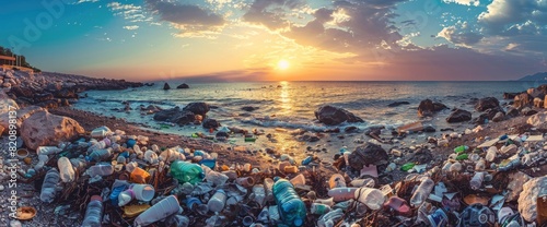 As The Sun Sets, The Beach Is Marred By Discarded Plastic Waste, A Poignant Reminder Of The Persistent Issue Of Environmental Pollution And Its Far-Reaching Impacts photo