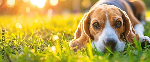 Bathed In The Warm Glow Of The Evening Sun, A Cute Beagle Dog Lies Peacefully On The Grass Field, Standard Picture Mode