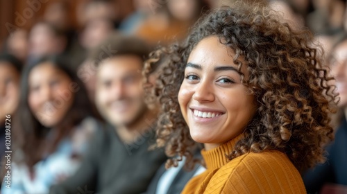 Smiling woman with curly hair in a crowd