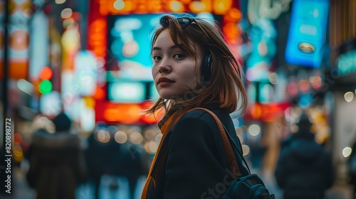 Urban explorer: young woman against vibrant city lights background