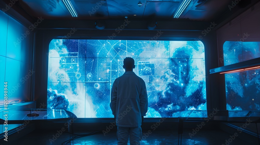 Futuristic control room with sole operator overlooking high-tech screens Futuristic control room with sole operator overlooking high-tech screens
