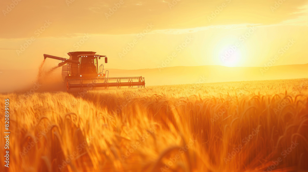 Fototapeta premium A harvester moving through a field of wheat at dusk, its silhouette casting long shadows, accompanied by a banner of infographics detailing the annual grain production and consumption rates.
