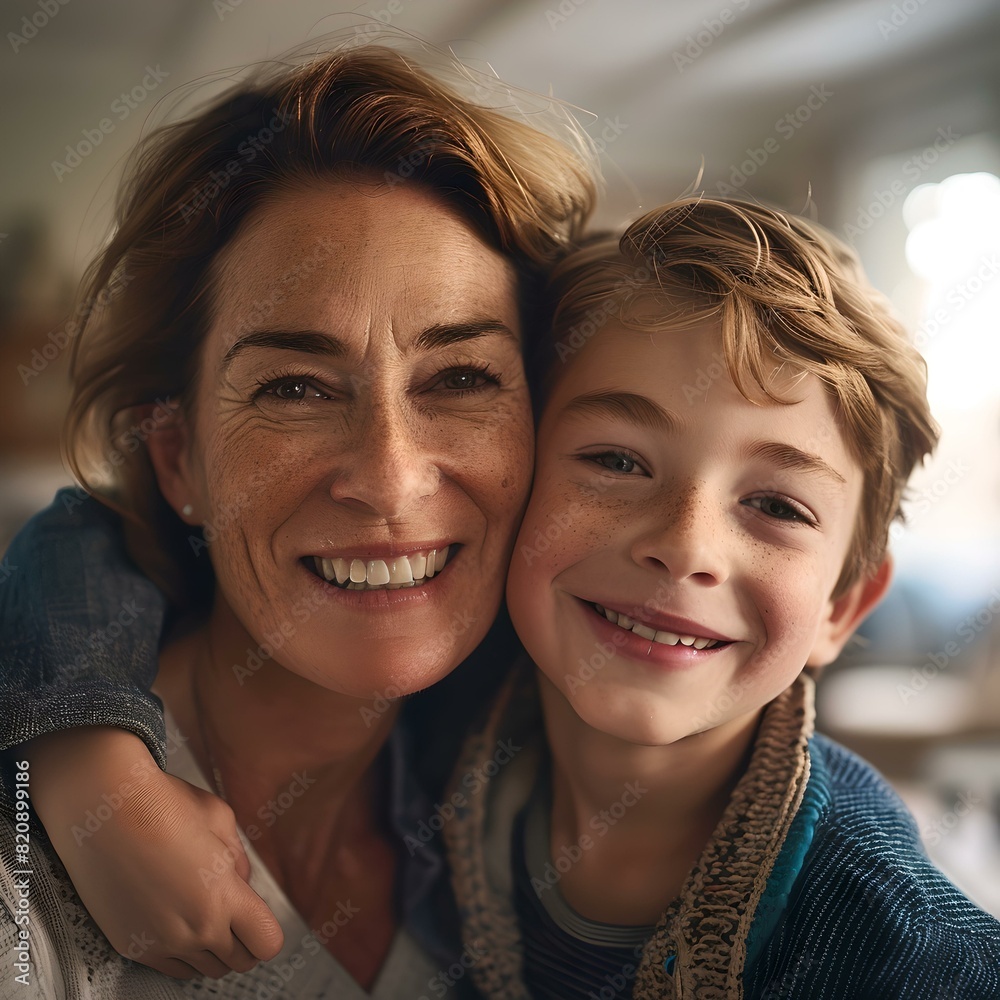 Warm embrace: a mother's love and joy reflected in her hug with son at home Warm embrace: a mother's love and joy reflected in her hug with son at home