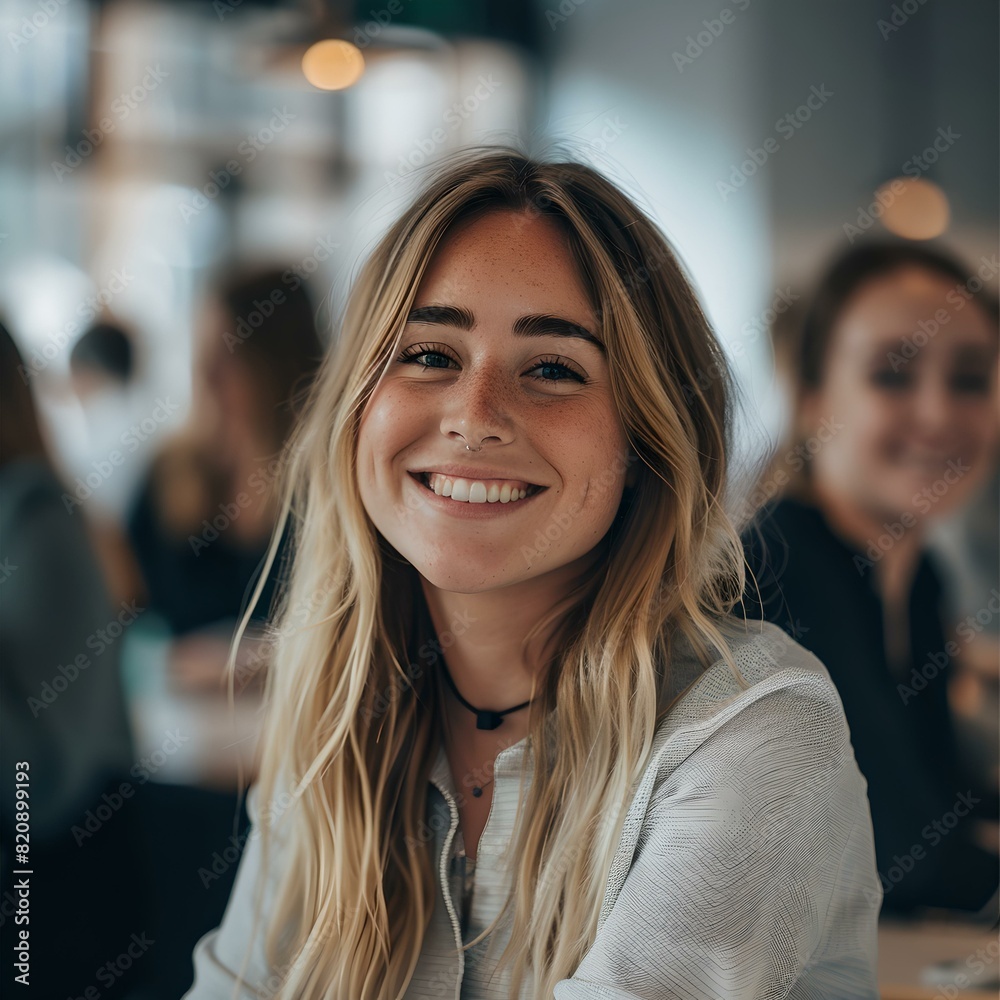 Cheerful young woman smiling in a cafe setting with friends blurred in background Cheerful young woman smiling in a cafe setting with friends blurred in background