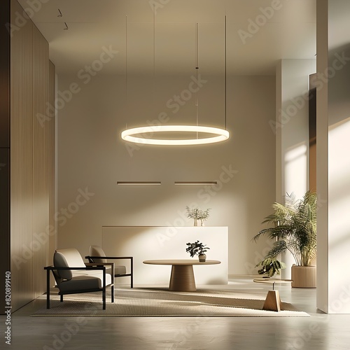 Minimalist living room interior with elegant pendant light and modern decor