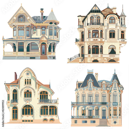 Watercolor illustrations of elegant Victorian and Baroque-style mansions with intricate architecture, ornate facades, and historical charm. Perfect for real estate, home decor, and architectural