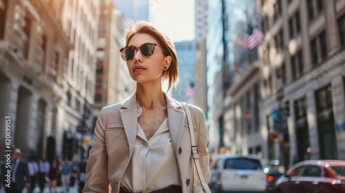 Fashionable businesswoman in sunglasses walking in a bustling city, perfect for urban lifestyle, business, and fashion content.