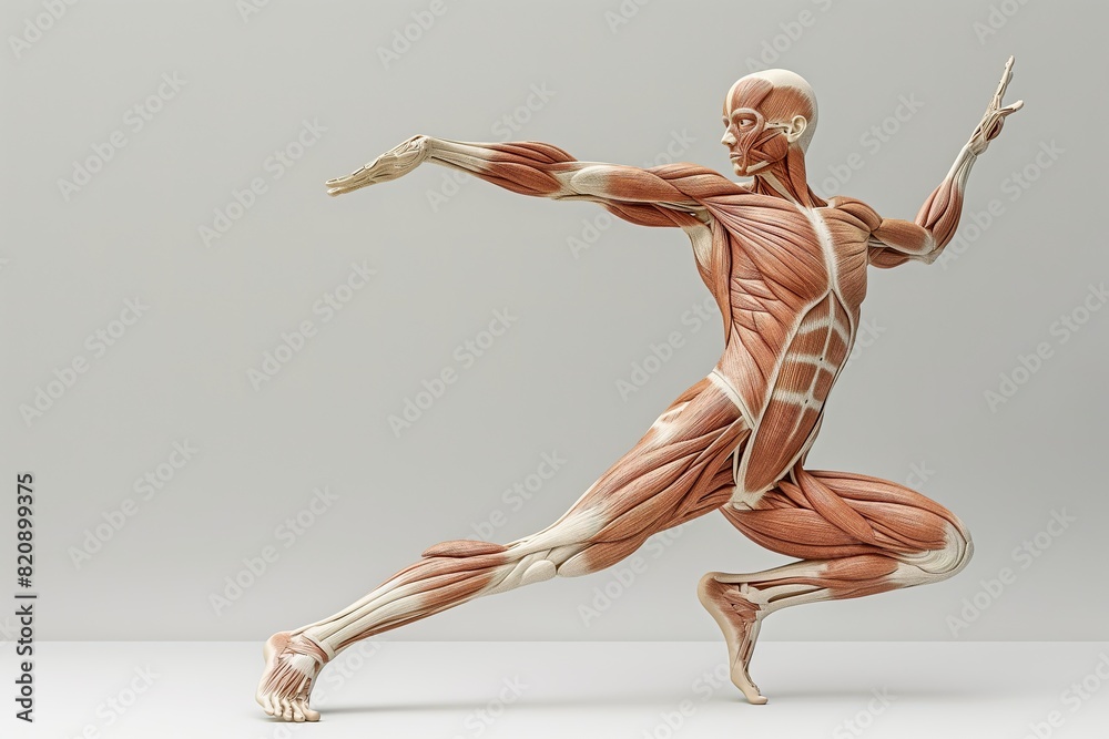 Naklejka premium Detailed model of a man in motion, showcasing clearly defined muscles in action.