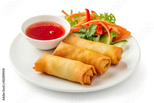 White plate with three spring rolls beside a bowl of ketchup.