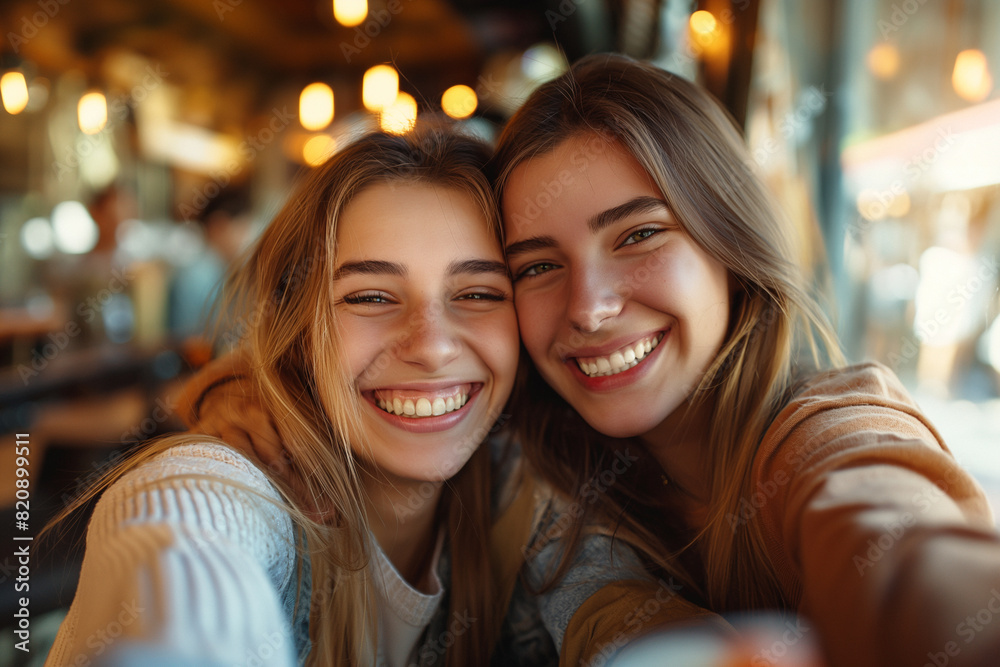 Two young women smiling and taking a selfie in a cozy café Two young women smiling and taking a selfie in a cozy café
