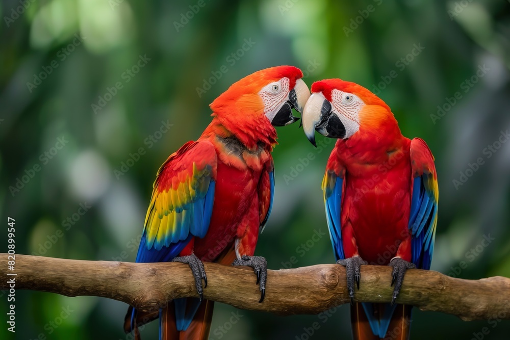 Fototapeta premium Scarlet macaws, vibrant plumage, perched on branch, facing each other.