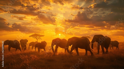 A herd of elephants roaming freely across the African savannah at sunset.