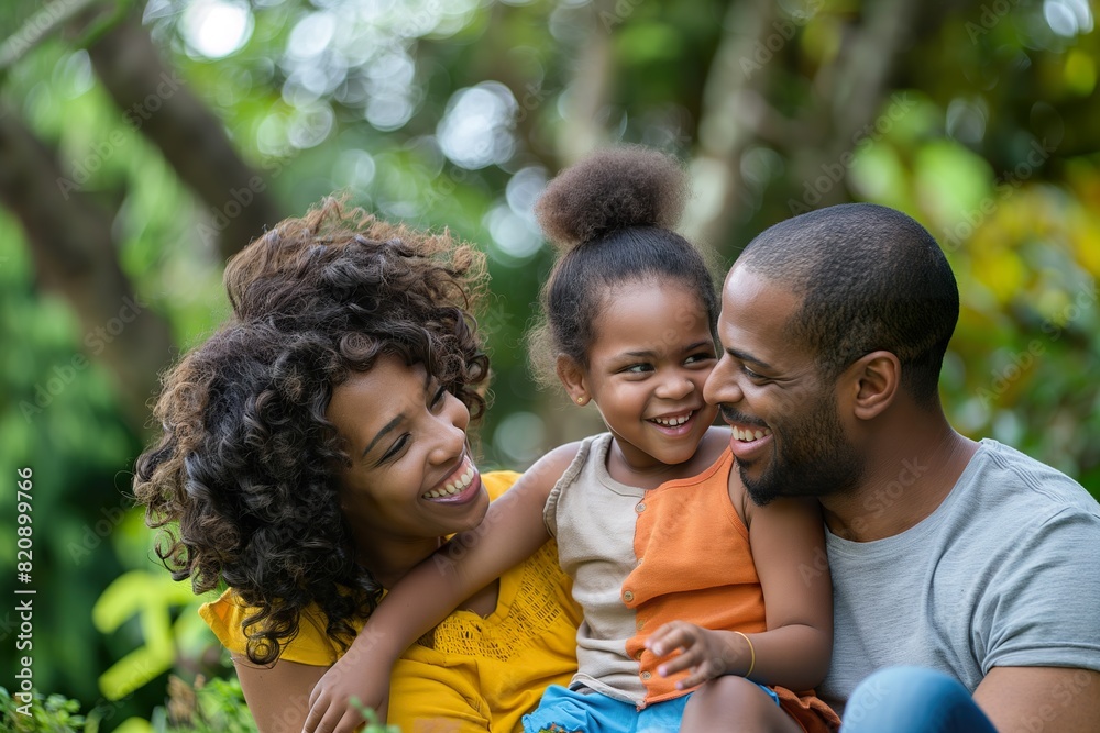 A man, woman, and child peacefully sit together in the lush green grass. A man, woman, and child peacefully sit together in the lush green grass.