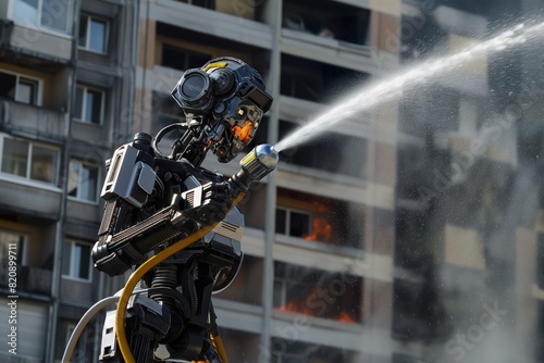 A robot resembling a human firefighter sprays water on a building to extinguish a fire.