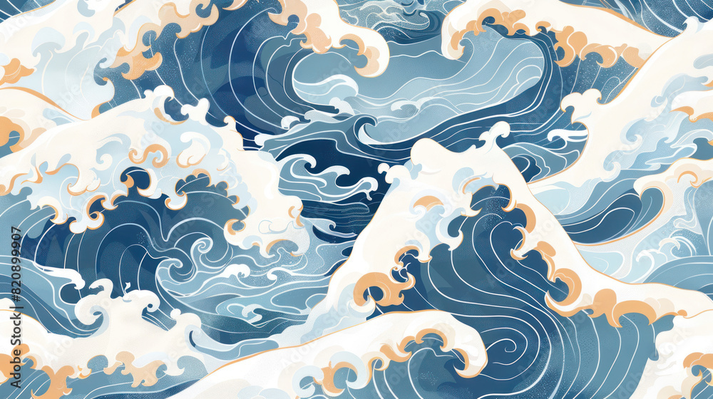 A Japanese wave pattern, with stylized curves and frothy crests, bringing a traditional and dynamic element to the composition. A Japanese wave pattern, with stylized curves and frothy crests, bringing a traditional and dynamic element to the composition.