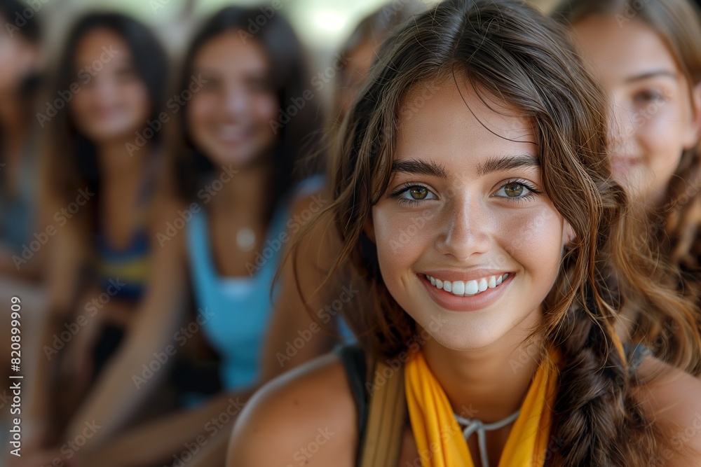 A group of cheerful young women sit closely together, exuding happiness and camaraderie. A group of cheerful young women sit closely together, exuding happiness and camaraderie.
