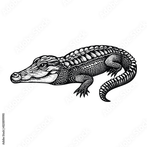 crocodile illustration. hand drawn alligator black and white vector illustration. isolated white background