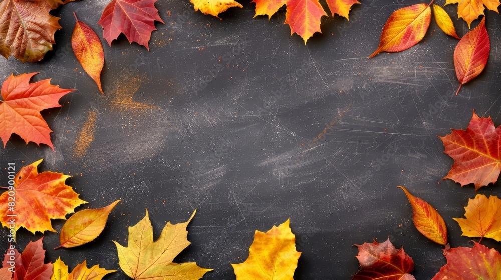 Autumn leaves frame a scratched black chalkboard background.