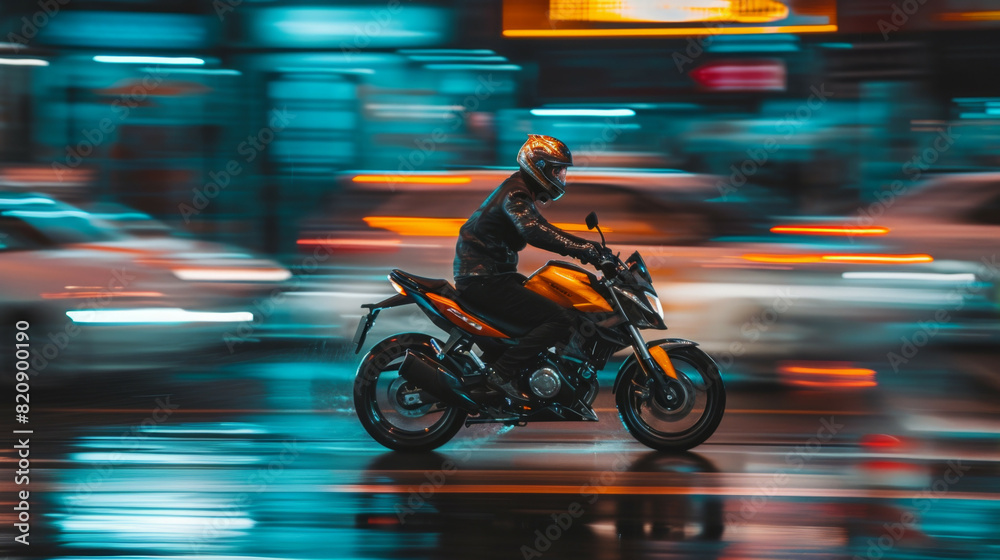 Motorcycle rider in helmet and gear racing at high speed on the nighttime background with motion blur