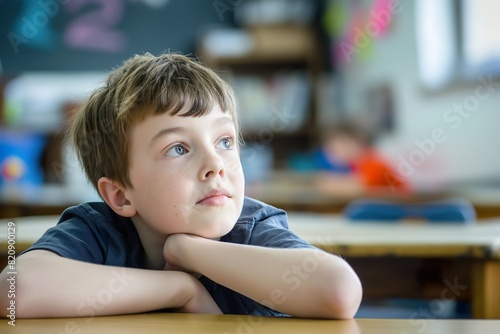 A young boy sits attentively at a classroom table, focused on his studies.