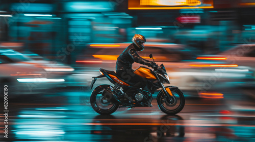 Motorcycle rider in helmet and gear racing at high speed on the nighttime background with motion blur © Ruslan Gilmanshin