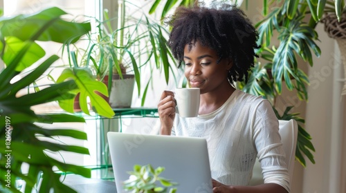 Young african woman enjoying coffee while working on a laptop surrounded by indoor plants, ideal for lifestyle blogs, work-from-home articles, and productivity content.