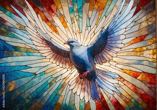 Vibrant stained glass The winged dove symbolises the Holy Spirit of the New Testament. photo
