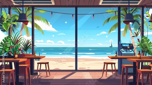 Decorative cafe interior with tropical beach view of palms through large windows. Fast food bistro with tables  seats  beer taps  potted plants  electronic display  menu and cartoon illustration.