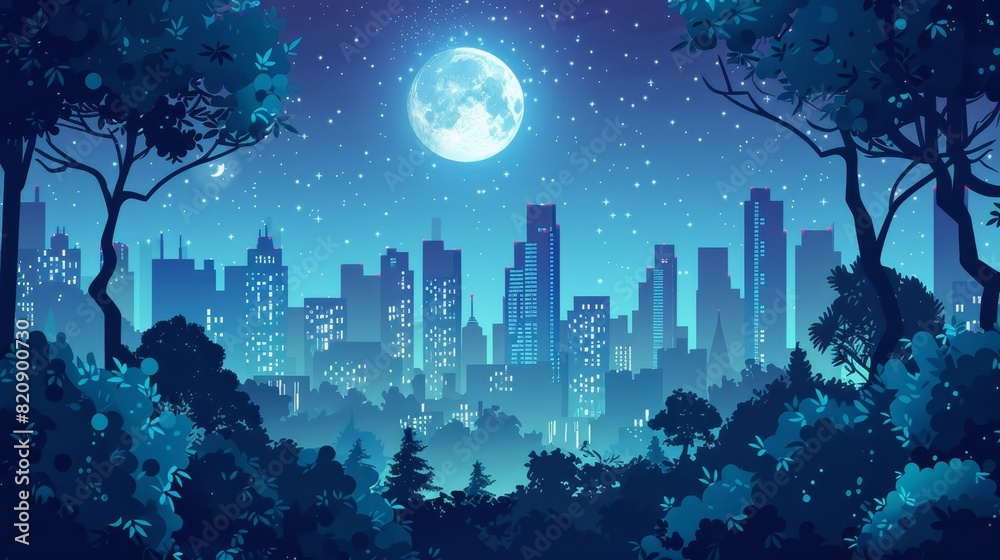 An urban park with a moonlit nighttime background and silhouettes of trees and bushes, and two skyscraper buildings. Modern illustration of a midnight public garden with a full moon in a starry sky.