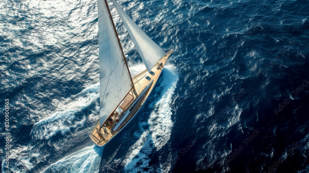 Fototapeta premium Sailboat in the sea in the evening sunlight, luxury summer adventure, active vacation in Mediterranean sea.