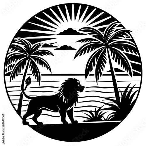 lion on the beach at sunset