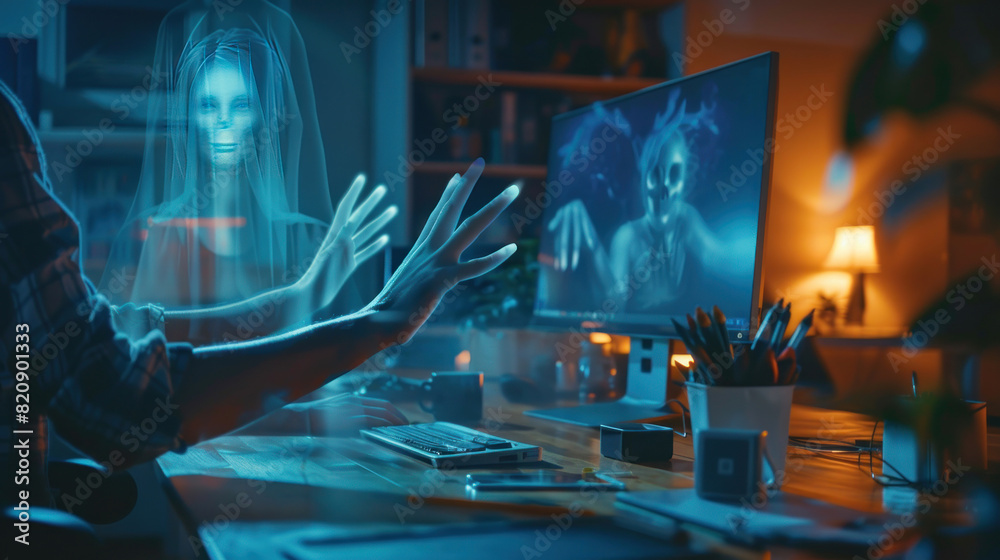 A pair of ghostly hands appearing over the shoulder of a person working late at night in an office. --ar 16:9 Job ID: 09fedc78-d26c-45c2-bf7a-0755f163c1d9