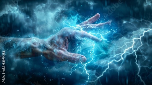 Electric Power Manifesting from Human Hands Amidst a Storm. Generative ai.