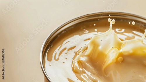 Tin can of boiled condensed milk on light background - photo