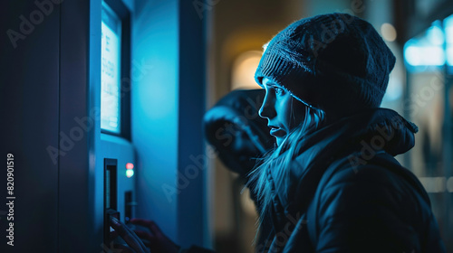 A person looking anxious as they withdraw money from an ATM with a suspicious figure lurking behind.