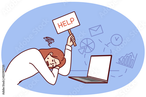 Tired woman showing help sign, lying down on table after having experienced burnout. Unhappy girl suffers from burnout and lack of motivation, exhausted and as result of regular overwork and overload