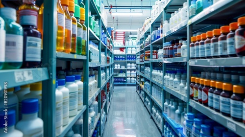 Modern Pharmaceutical Storage Facility with Organized Shelves. Generative ai.