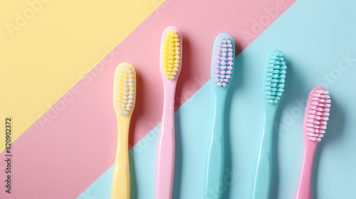 Tooth brushes on color background