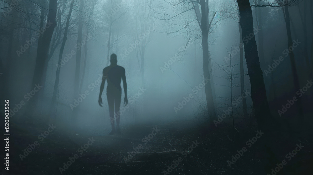 A shadowy figure looming in a foggy forest at dusk, suggesting a ghostly presence. A shadowy figure looming in a foggy forest at dusk, suggesting a ghostly presence.