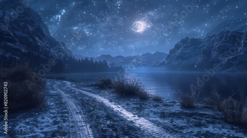 Starlit Solitude A Serene D Rendered Journey Along a Winding River Road at Night photo