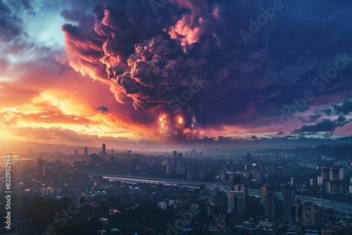 Volcanic eruption, view from the city. A natural disaster. Fire in the mountains, explosion. The release of lava and smoke from a dormant volcano