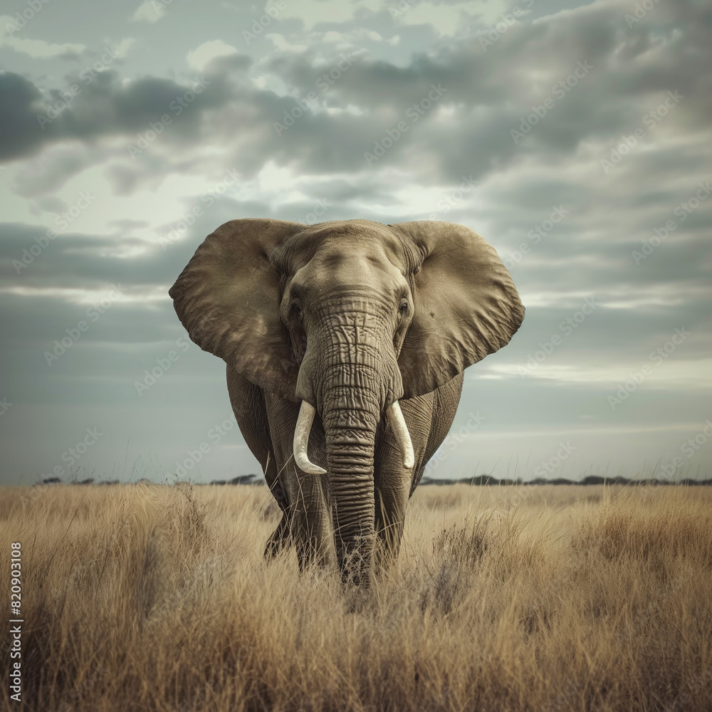 Fototapeta premium Еlephant in savana, hiperrealistic, cinematic style, photography art director, landscape