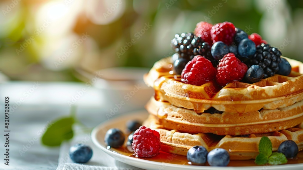 Fresh breakfast waffles with berries and syrup in cozy morning setting. Fresh breakfast waffles with berries and syrup in cozy morning setting.