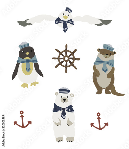 Cute Arctic animals set on a white background. Cartoon flat otter, penguin, arctic polar bear, seagull. North nature fauna animals. Vector illustration in flat