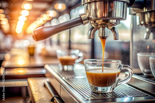 Freshly brewed coffee pouring from a coffee machine on a blurred background of a coffee shop or restaurant. A place for the text.